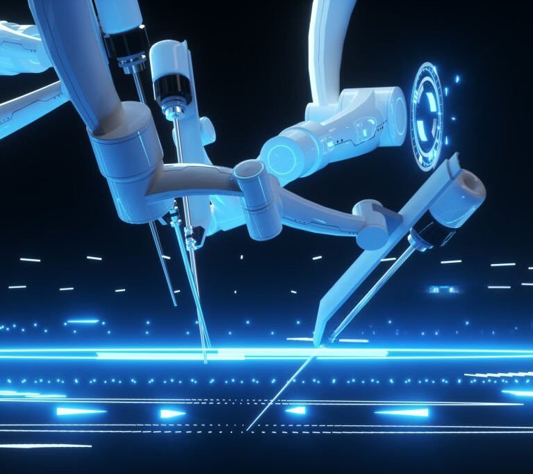 Robot surgeon, robotic equipment. Minimally invasive surgical innovation with three-dimensional overview. technology, the future of medicine, surgeon. 3D render, 3D illustration